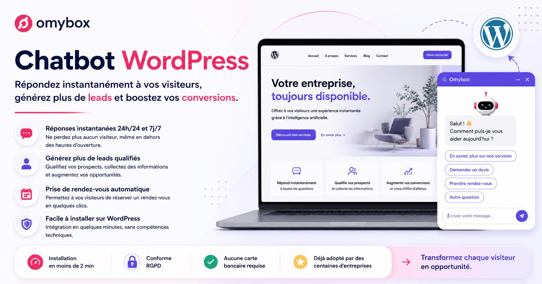 Chatbot WordPress Omybox : un assistant qui répond aux visiteurs d'un site WordPress